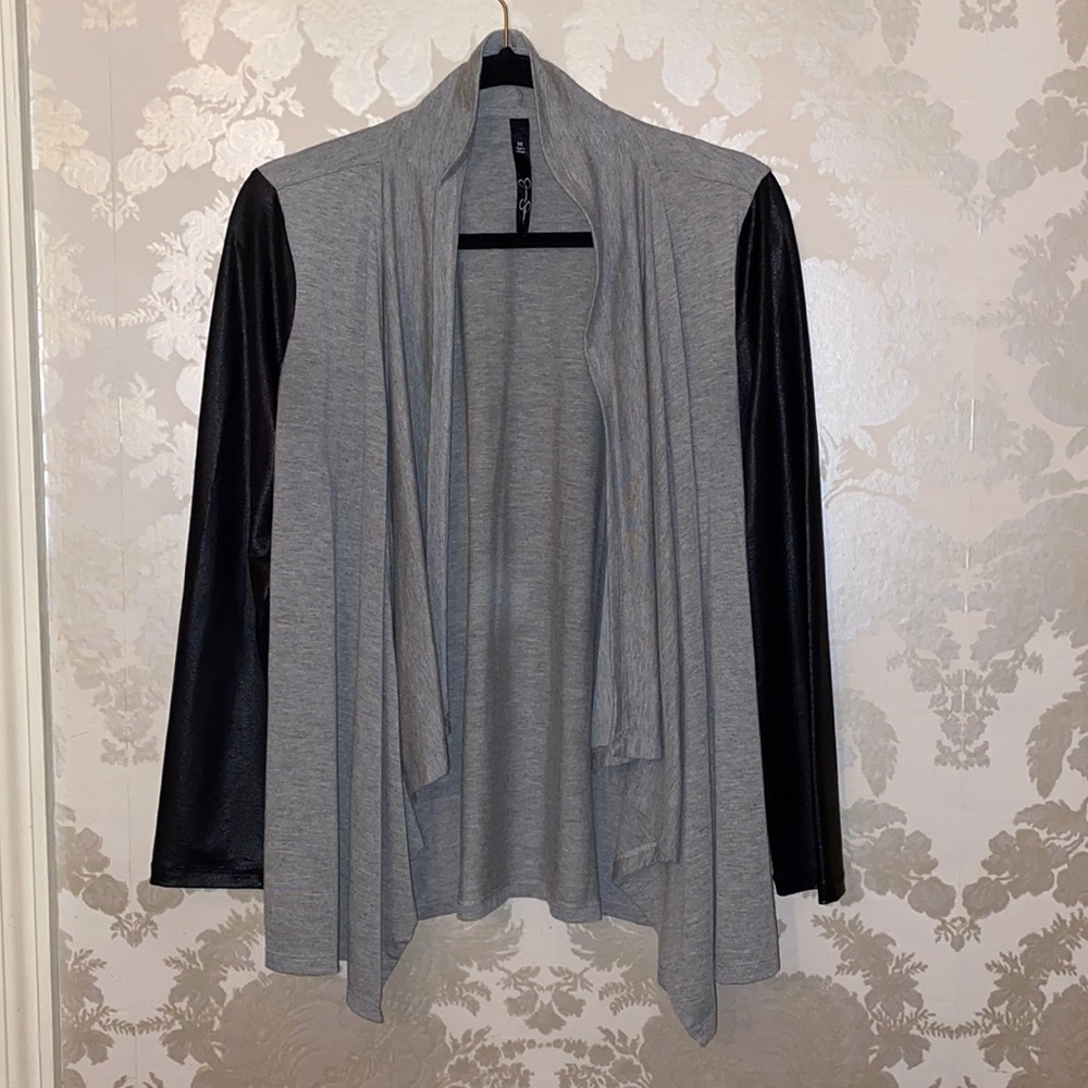 Cardigan with fake stretchy leather sleeves